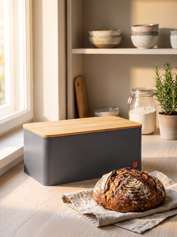 A charcoal steel bread box with its bamboo lid propped open beside a sourdough loaf on a floured worktop