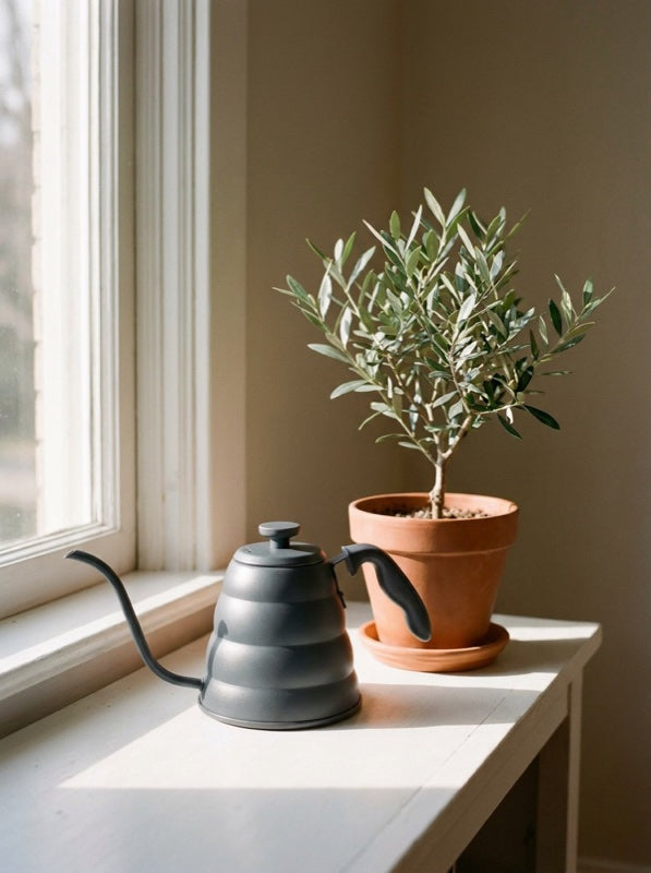 A slate grey watering can on a sunlit windowsill beside a potted olive tree
