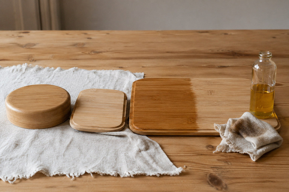 Three bamboo lids on a cloth on a pine table, the largest half oiled and dark on one side and pale on the other, an oil bottle and a rag beside them