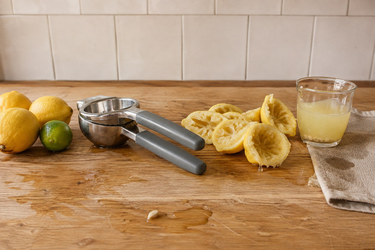 Stainless steel lemon squeezer lying on an oak board after pressing, spent lemon halves turned inside out beside it and a jug of juice