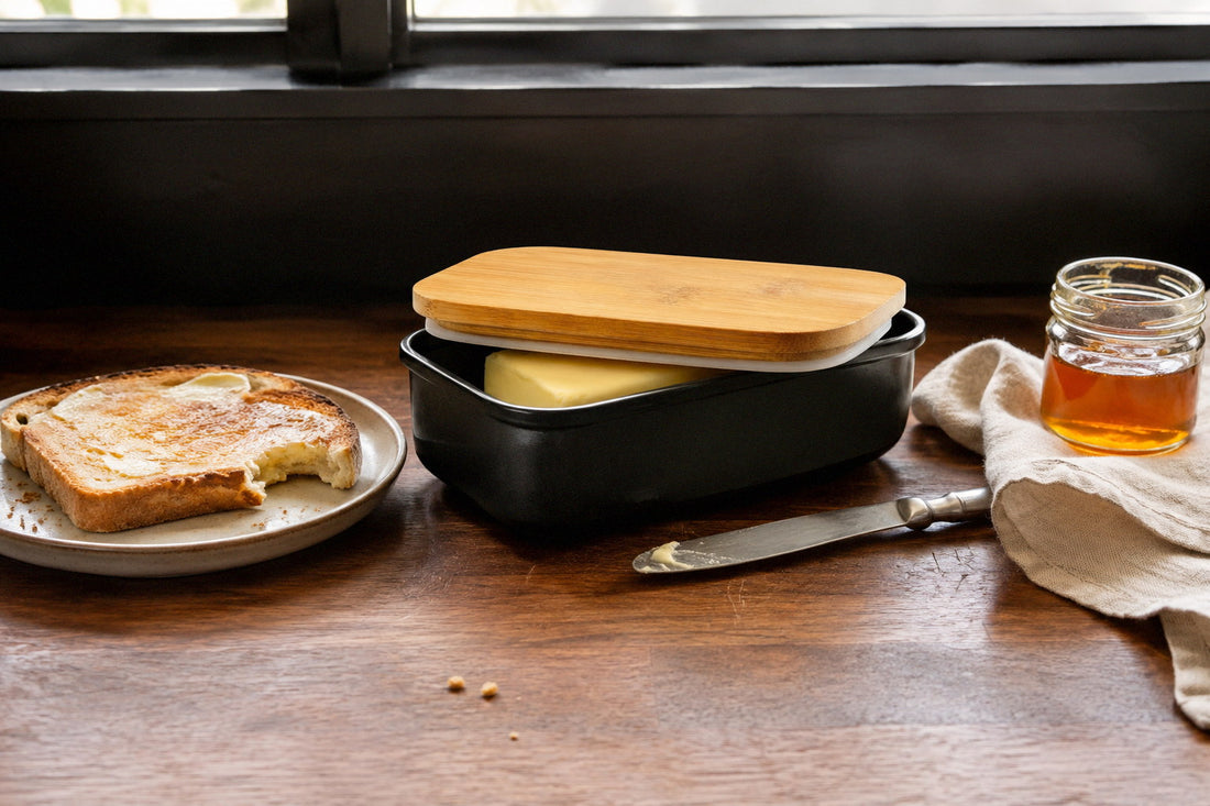 Black butter dish with its bamboo lid lifted to show the butter and the pale seal, on a walnut worktop beside buttered toast
