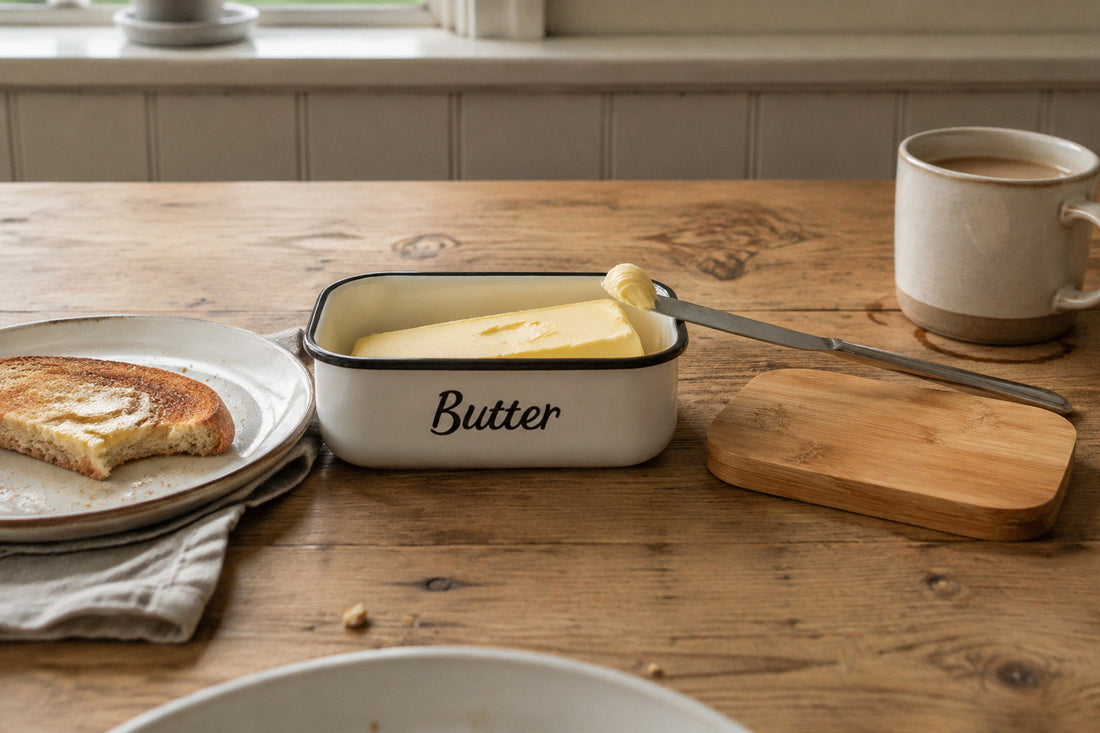 Open white enamel butter dish on a pine breakfast table, a knife with a curl of butter across its rim, toast and tea beside it