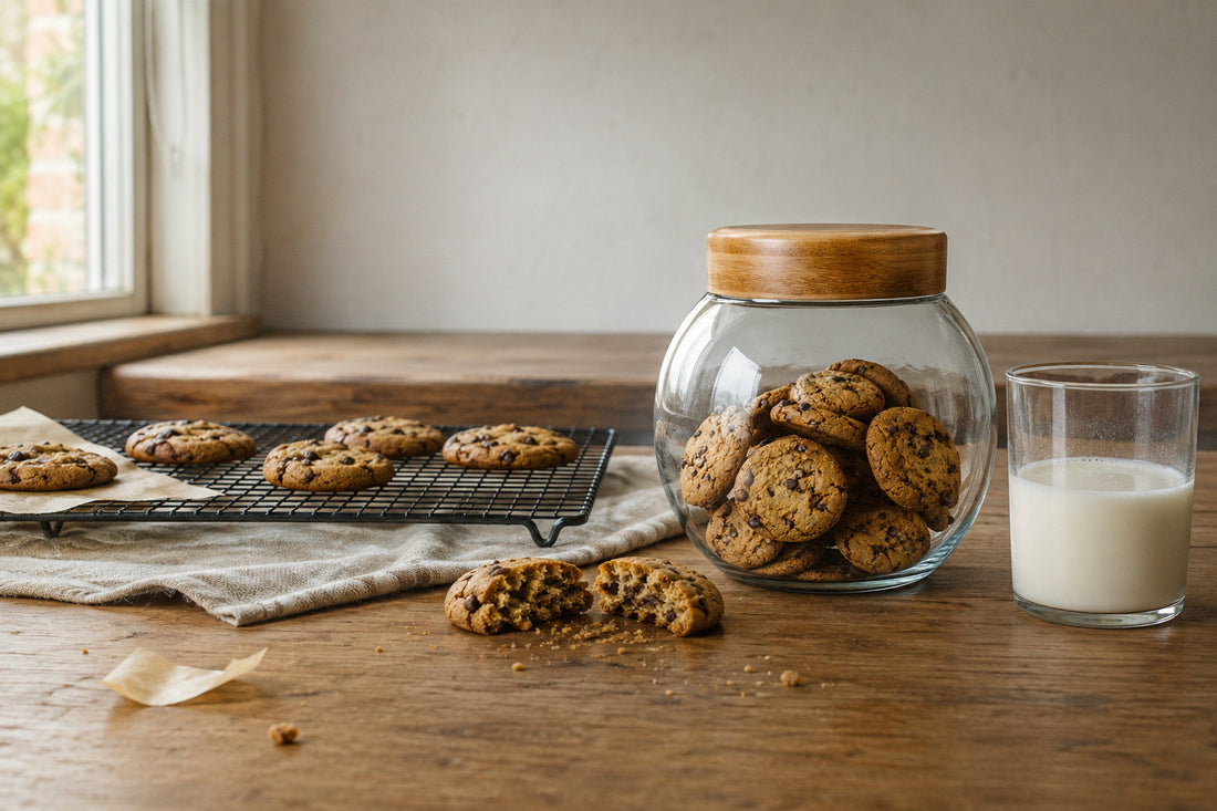 Glass cookie jar with a bamboo lid beside a cooling rack of cookies, one cookie snapped in half on the counter