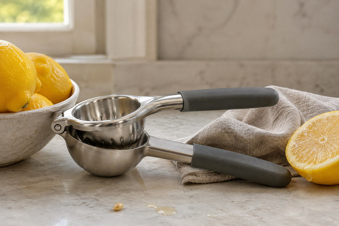 Stainless steel lemon squeezer on a stone worktop, one grey grip slid back along its arm to show bare brushed steel, a bowl of lemons beside it