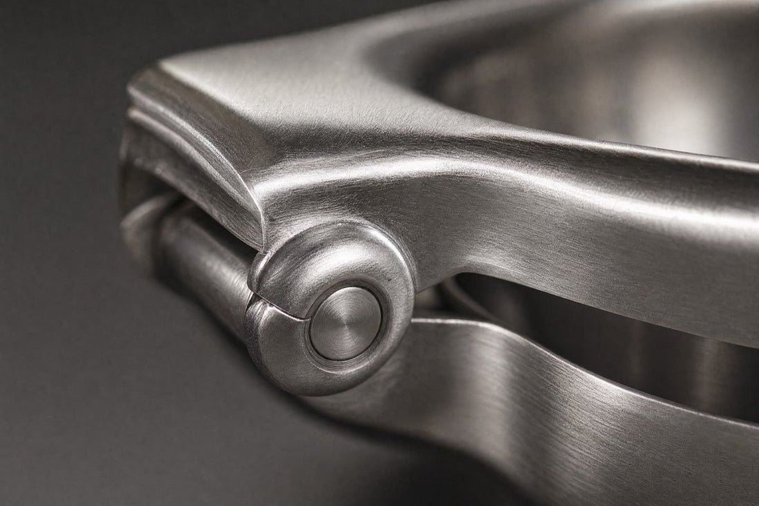 Macro of the reinforced pivot joint of the stainless lemon squeezer, the point where cheaper presses give out