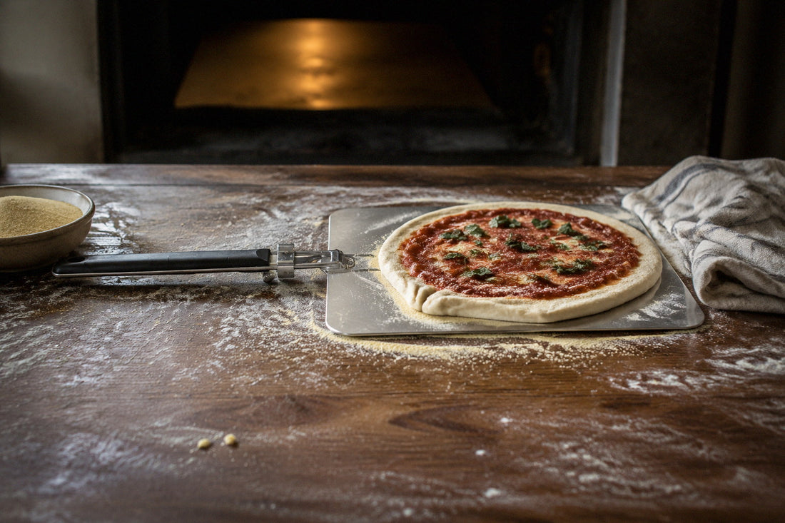 Stainless steel pizza peel on a floured butcher block with a dressed dough round on the blade, the oven mouth behind
