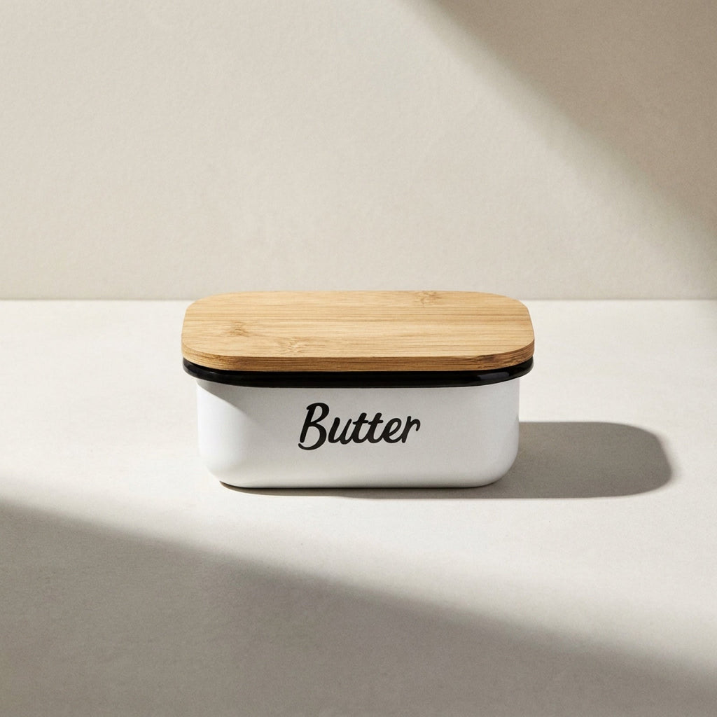 Kensington London white enamel butter dish with black rim and bamboo lid on pale limestone