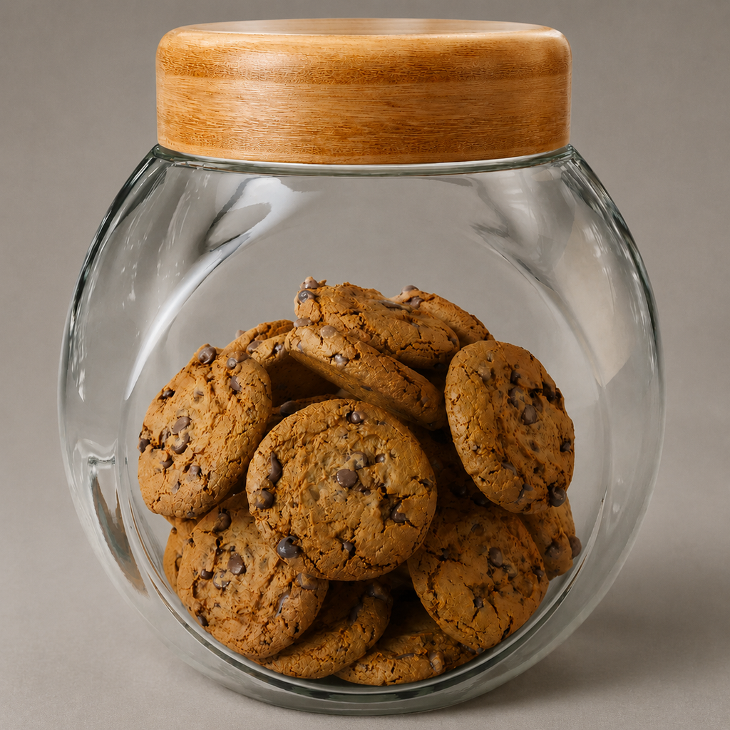 Glass cookie jar with bamboo lid, filled with chocolate chip cookies