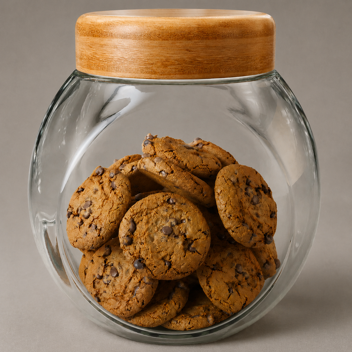 Glass cookie jar with bamboo lid, filled with chocolate chip cookies