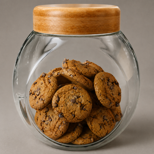 Glass cookie jar with bamboo lid, filled with chocolate chip cookies
