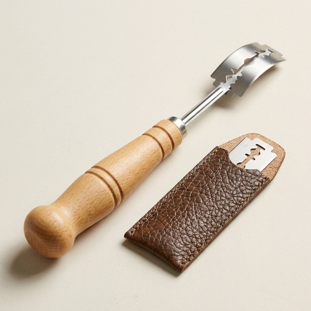 Bread lame with a turned beech handle, a thin stainless arm and a curved holder with the razor blade seated, its leather blade sleeve beside it