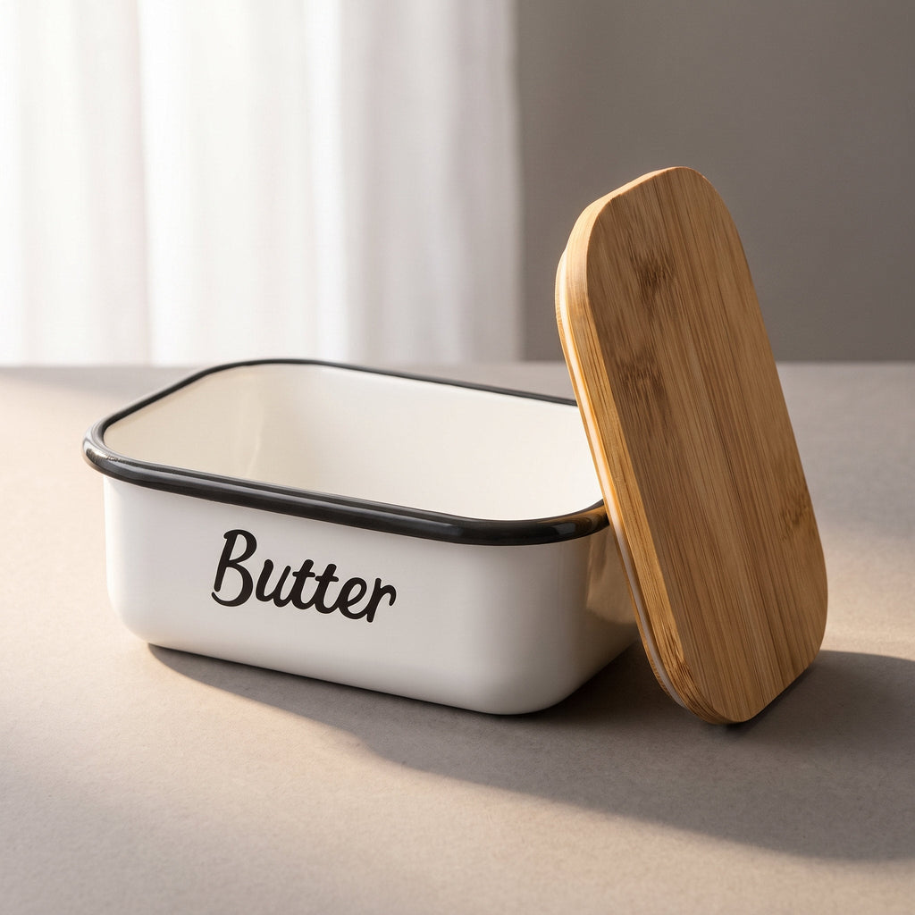 Butter dish with the bamboo lid leaning against it
