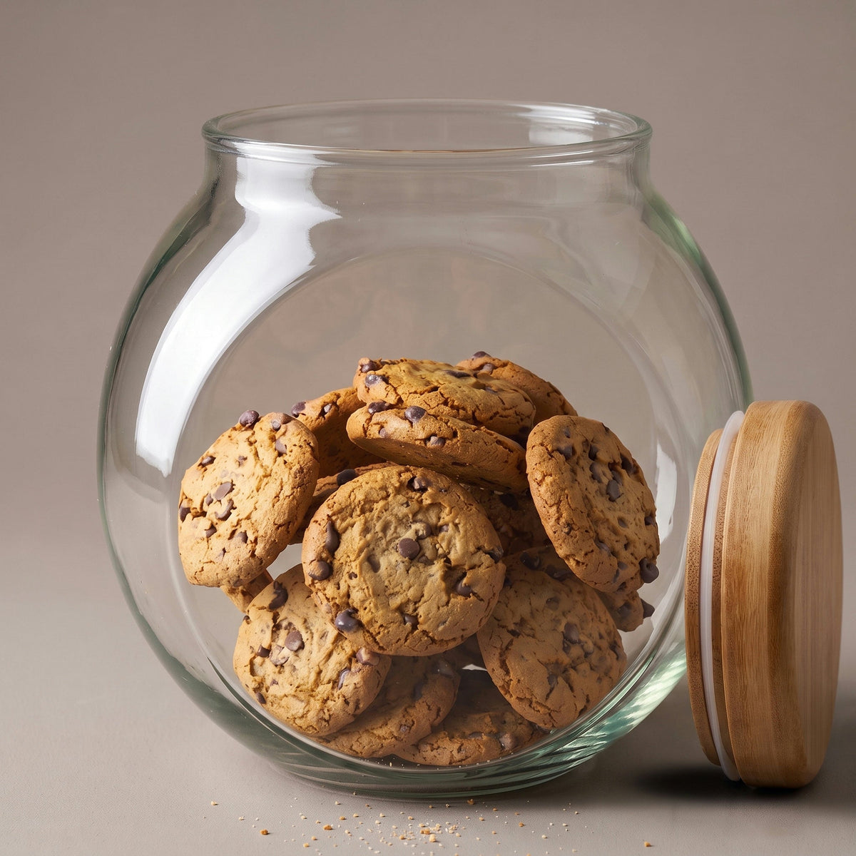 Glass cookie jar with the bamboo lid off, standing beside it