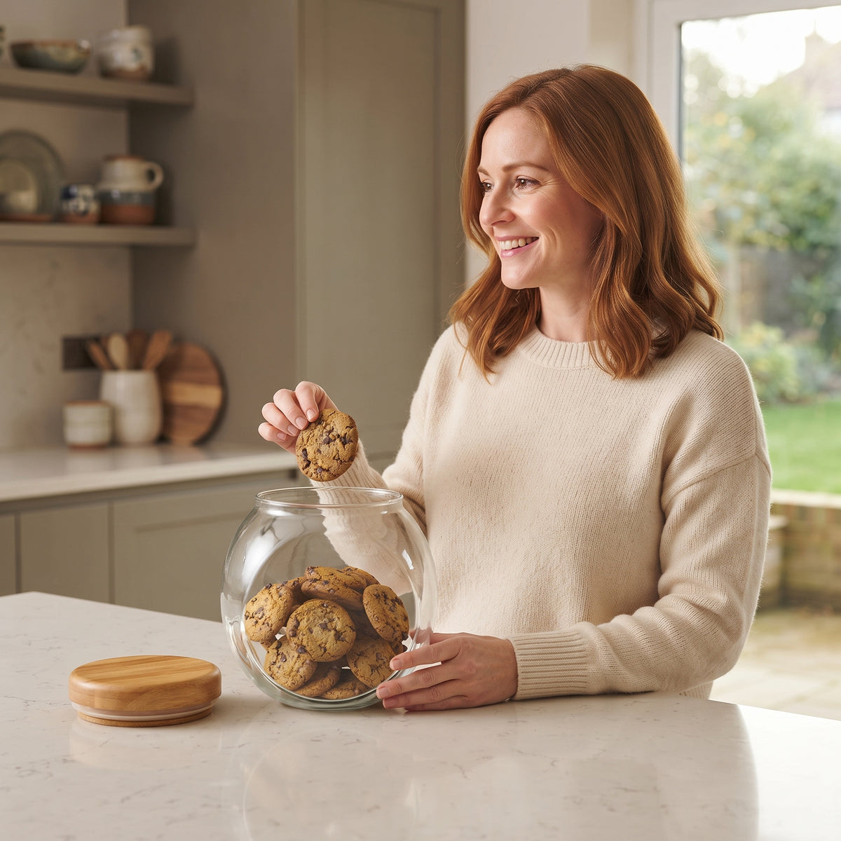 Taking a biscuit from the glass cookie jar in a kitchen