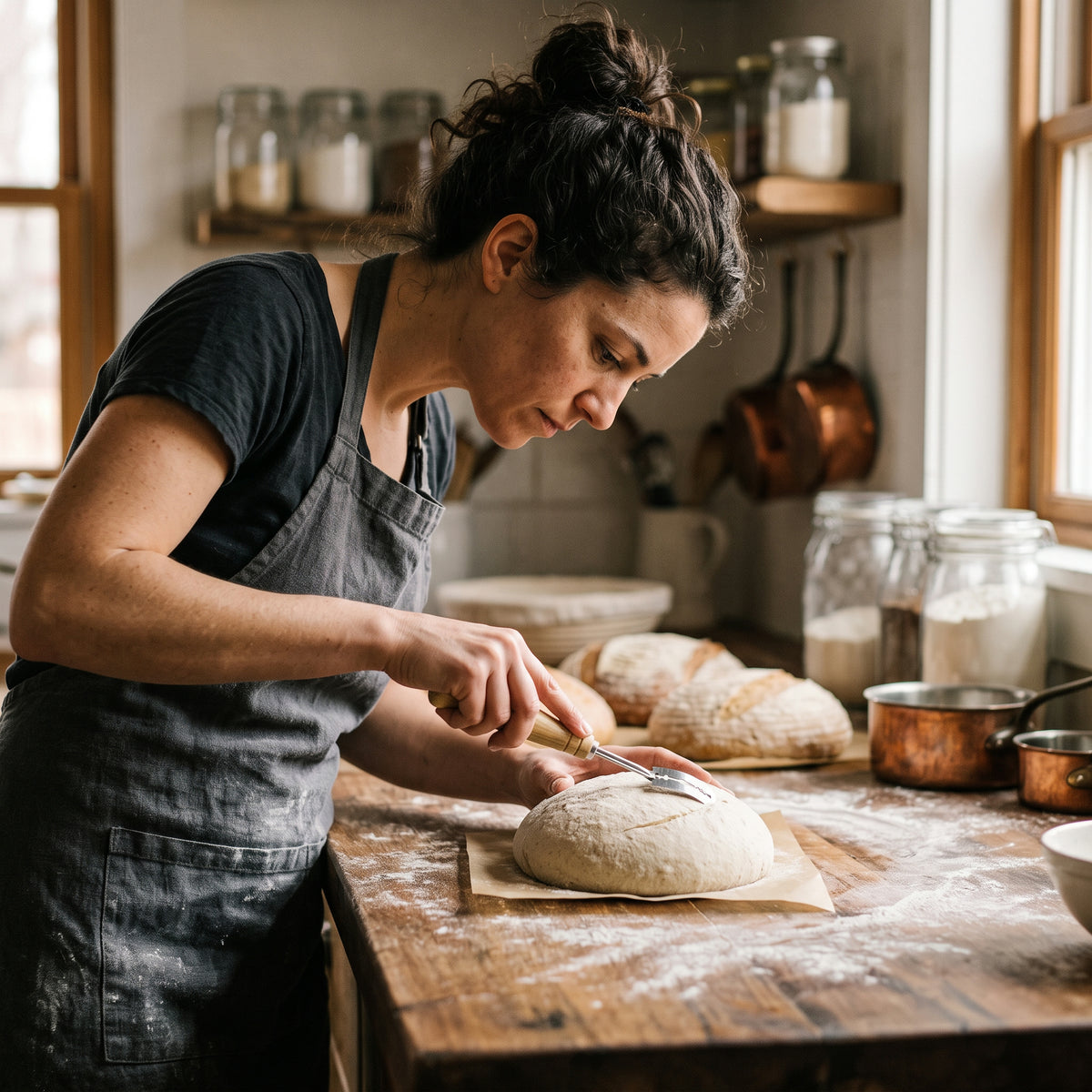 Baker scoring a sourdough boule with the bread lame