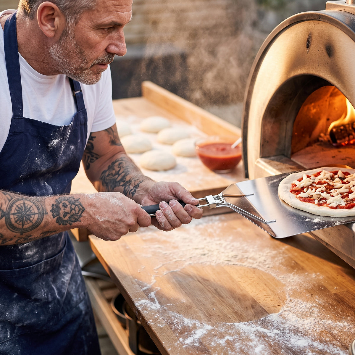 Sliding a pizza off the peel into a wood-fired oven
