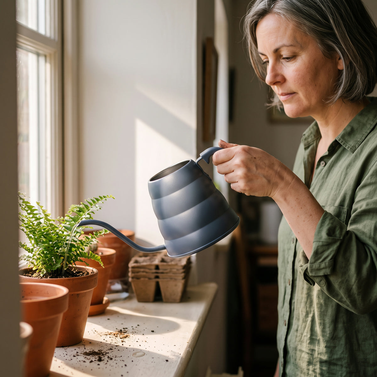Watering a fern on a sunlit windowsill