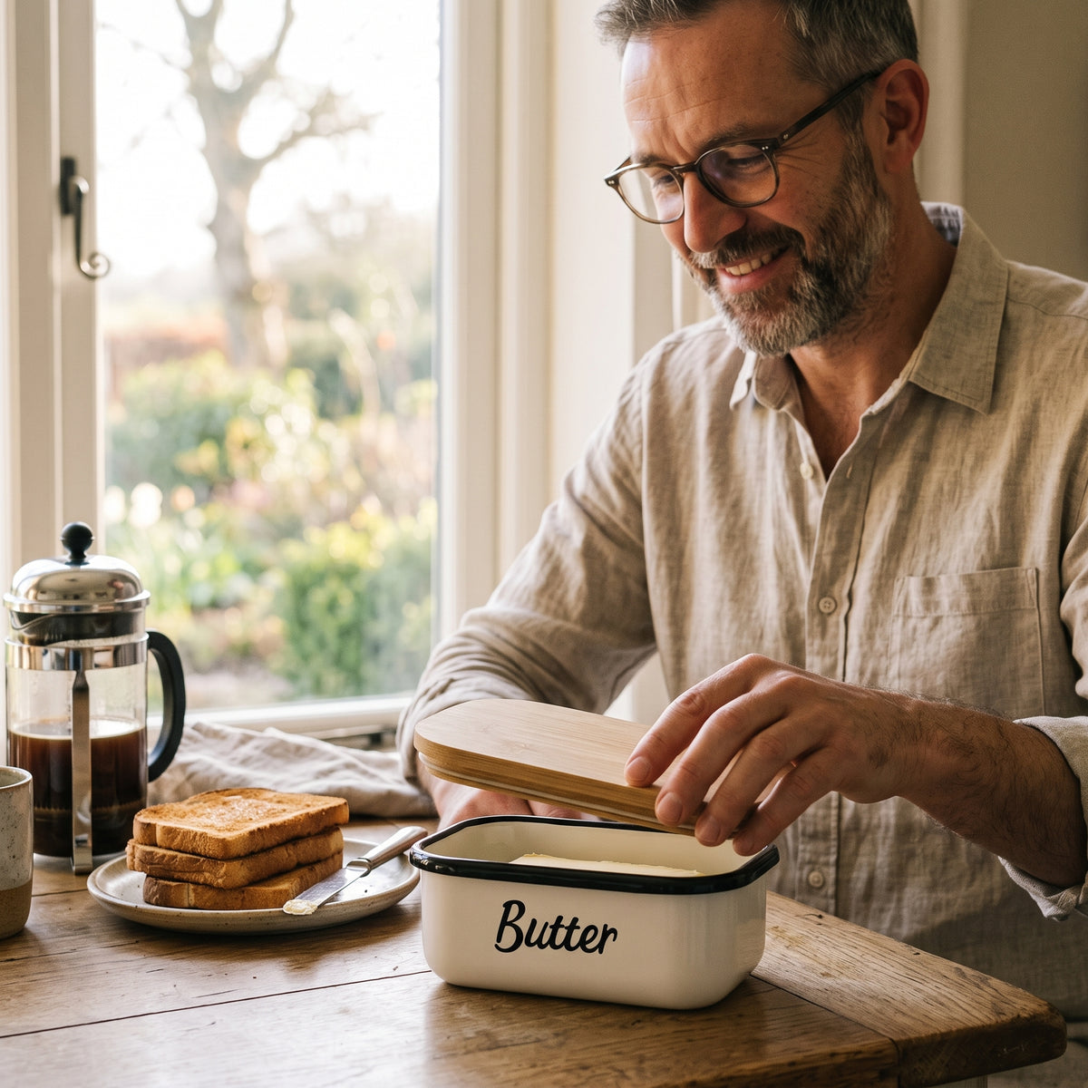 Lifting the bamboo lid off the butter dish at a breakfast table