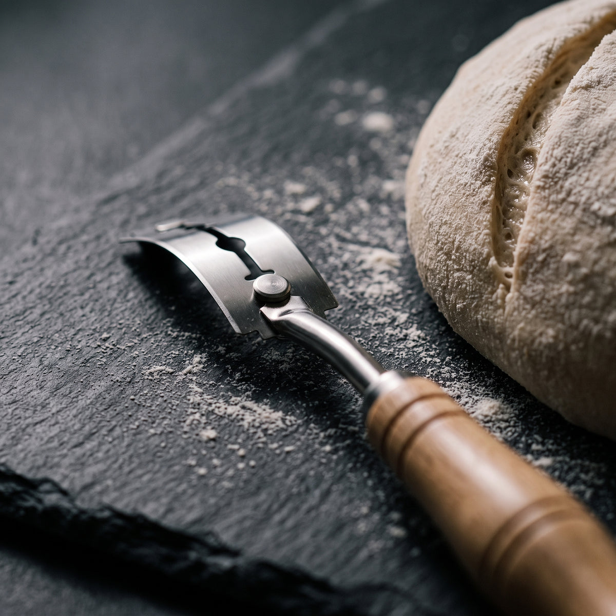 Close-up of the bread lame blade beside a scored dough boule