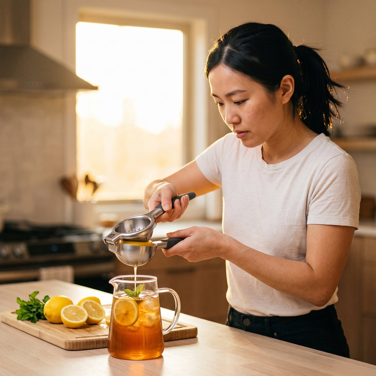 Squeezing a lemon into a jug of iced tea