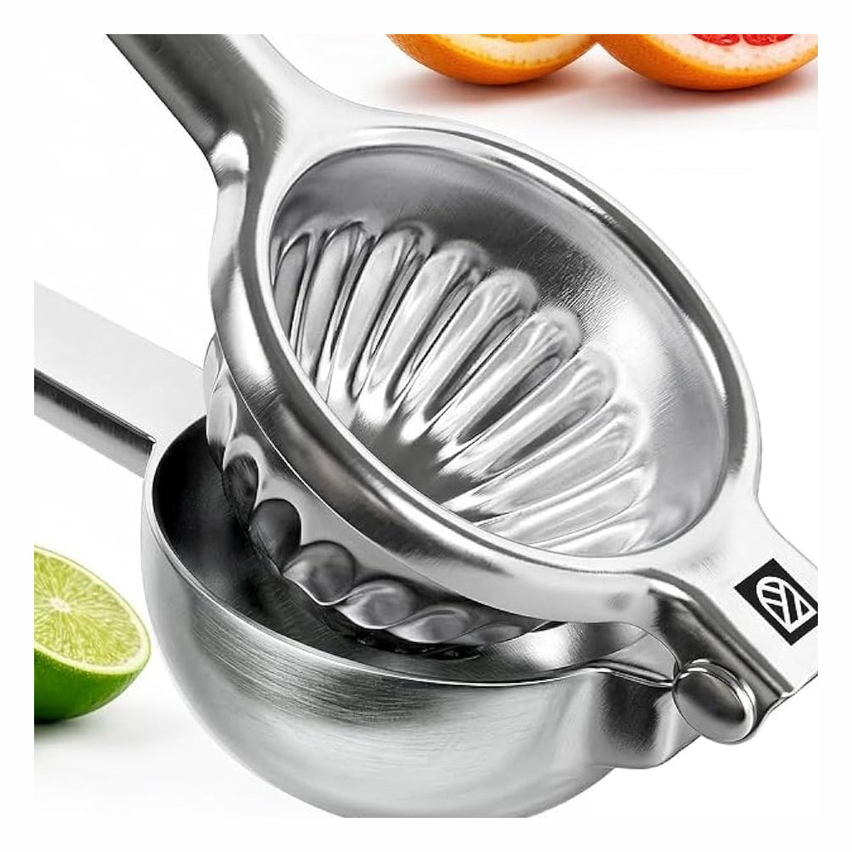 Lemon squeezer in silver, three-quarter view