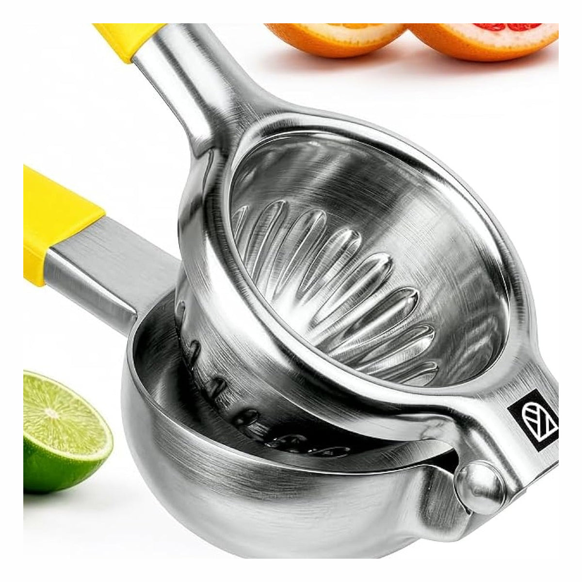 Lemon squeezer in yellow, three-quarter view