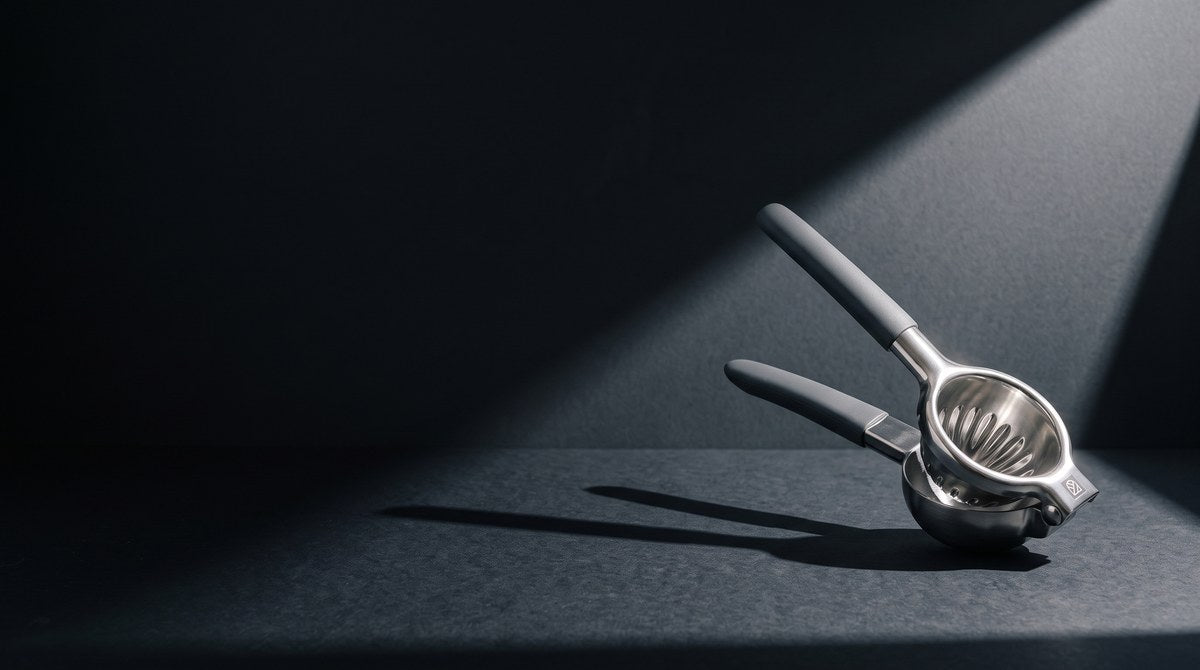 A stainless steel Kensington London lemon squeezer suspended in a dark studio, lit by a single hard light