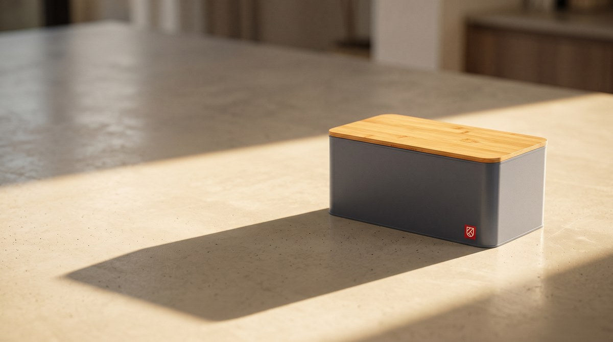 A matte white steel bread box with its bamboo lid tilted open, alone on pale limestone in low sun