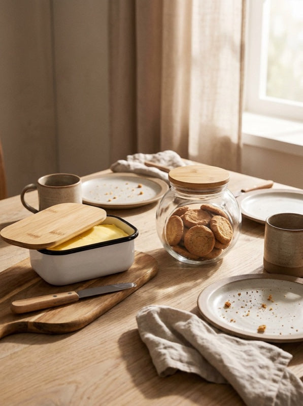 A laid breakfast table with the butter dish and glass storage jar on scrubbed timber