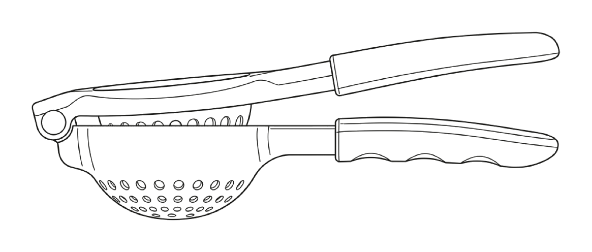 Line drawing of the stainless steel lemon squeezer showing the reinforced pivot