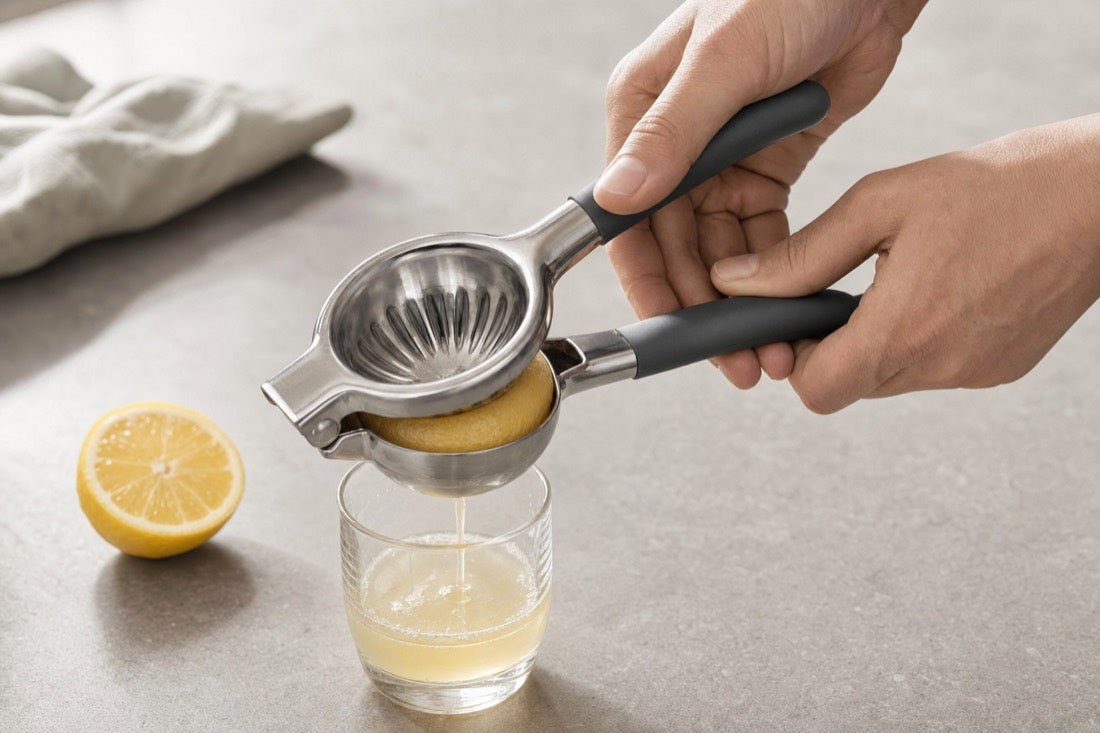 Two hands pressing a lemon half in the stainless steel squeezer, juice running into the bowl below